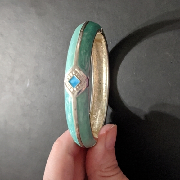 Silver Tone Light Blue Swirl Enamel Hinged Cuff Statement Bracelet - Picture 2 of 4